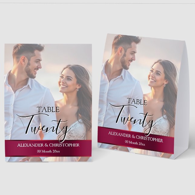 Plaque De Table Elegant Photo Wedding Table Number Burgundy band (Recto/Verso)