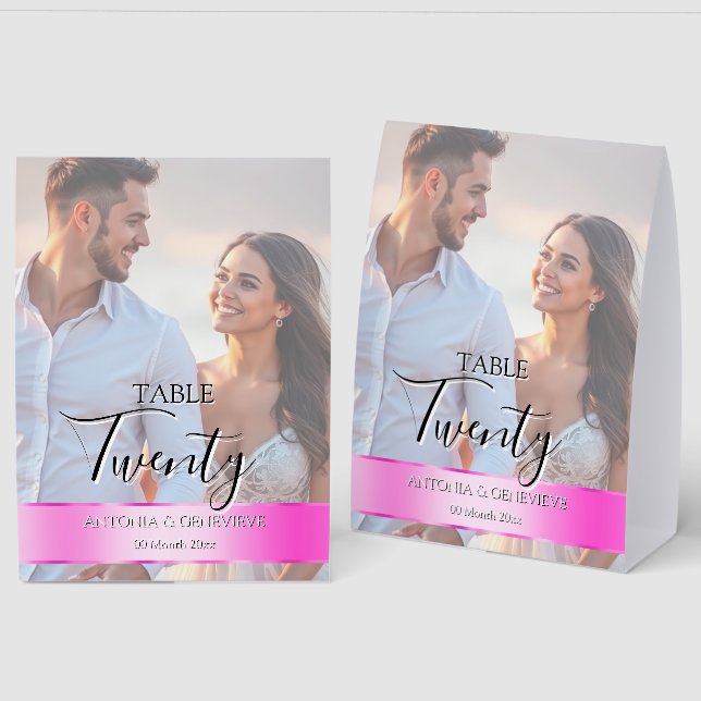 Plaque De Table Elegant Photo Wedding Table Number Hot Pink band (Recto/Verso)