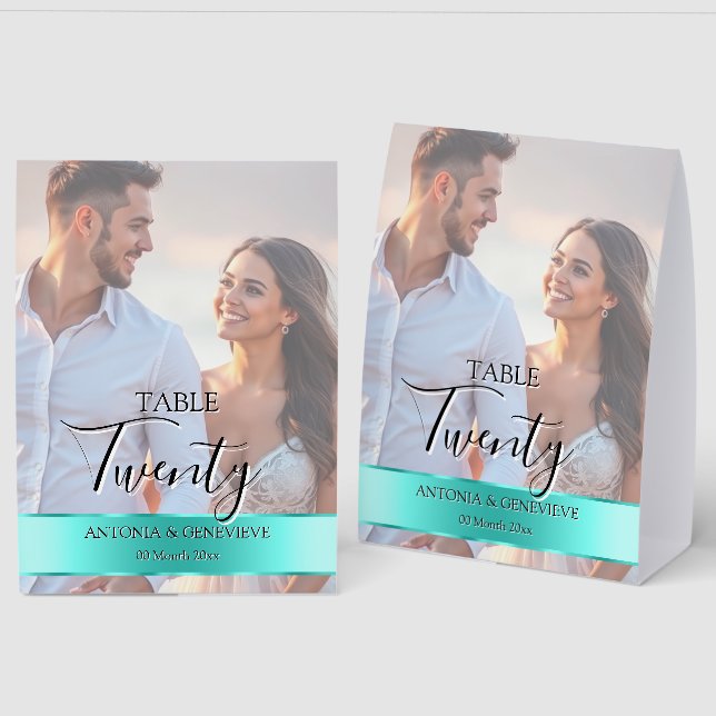 Plaque De Table Elegant Photo Wedding Table Number Turquoise band (Recto/Verso)