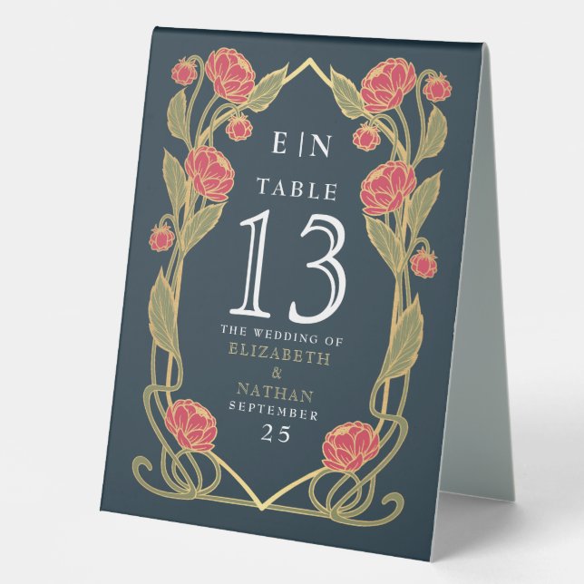 Plaque De Table Elegant Pink Peony Art Nouveau Floral Wedding (Recto)