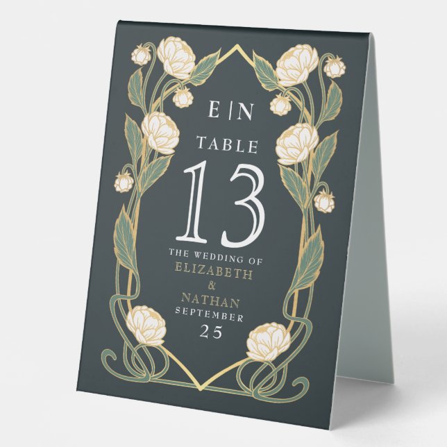 Plaque De Table Elegant White Peony Art Nouveau Floral Wedding (Recto)