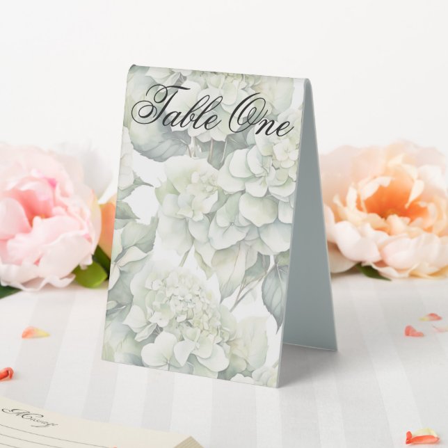 Plaque De Table Elégante aquarelle blanche vert hydrangée florale (In SItu (Mariage))