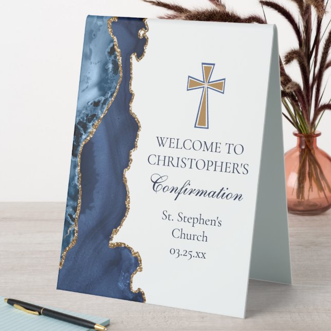 Plaque De Table Élégante Confirmation Bleu Nuit Or Église (En SItu (Tableau))
