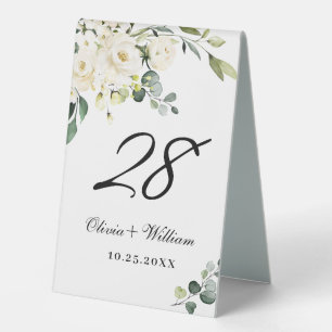 Plaque De Table Elégante Roses Blanches Eucalyptus Verdure