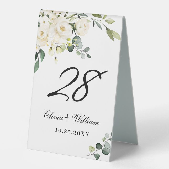 Plaque De Table Elégante Roses Blanches Eucalyptus Verdure (Recto)