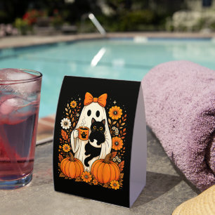 Plaque De Table Fantôme groovy d'Halloween tenant un chat noir flo