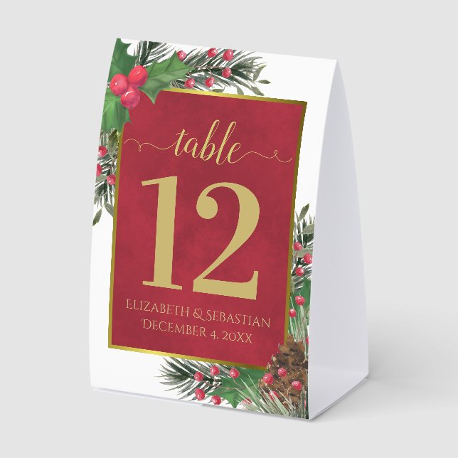 Plaque De Table Festive Holly & Pine Elegant Wedding Table Number (Recto)