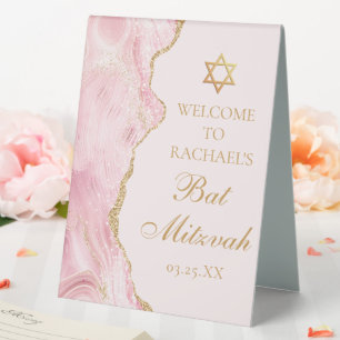 Plaque De Table Fête de Bat Mitzvah sur mesure en rose chic et or