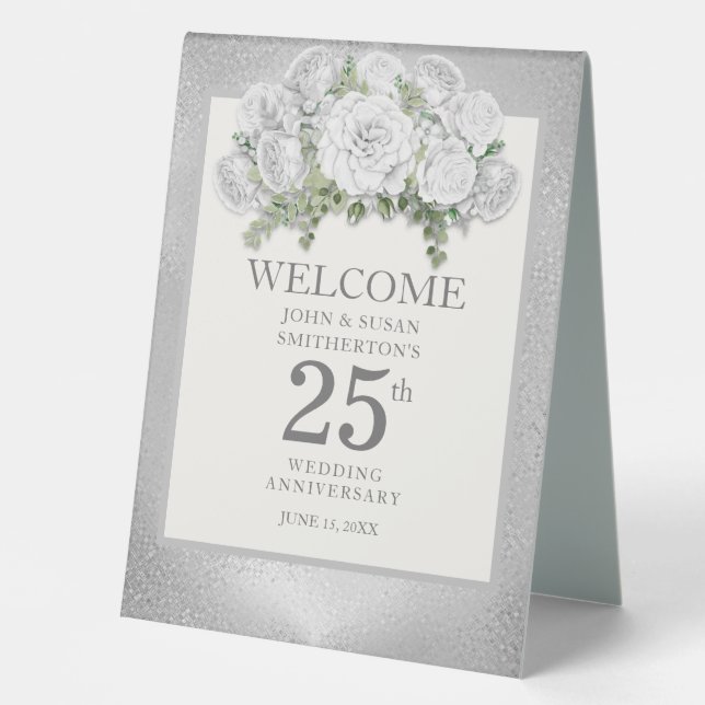 Plaque De Table Fleurs blanches argentées 25e anniversaire de mari (Recto)