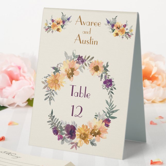 Plaque De Table Fleurs d'aquarelle violette et or (In SItu (Mariage))