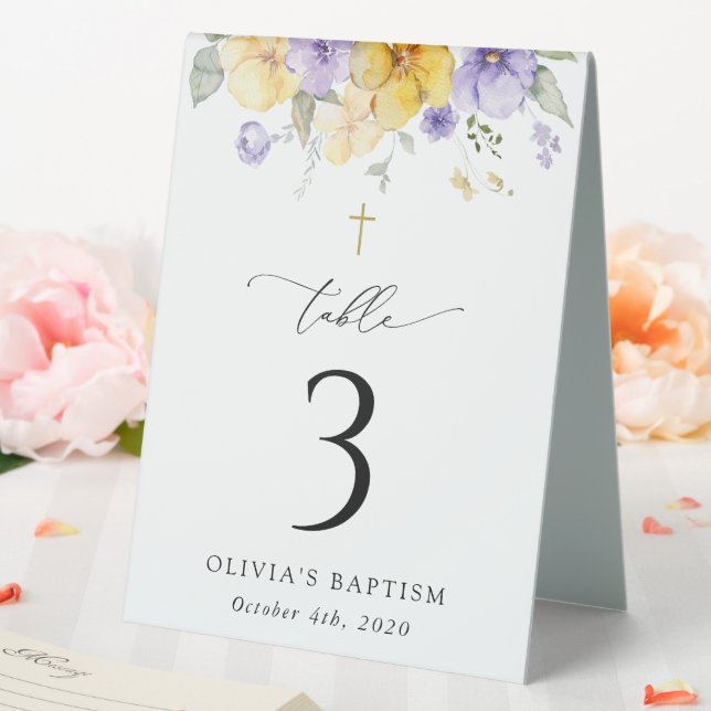 Plaque De Table Fleurs violettes et jaunes, numéros de table de ba (In SItu (Mariage))