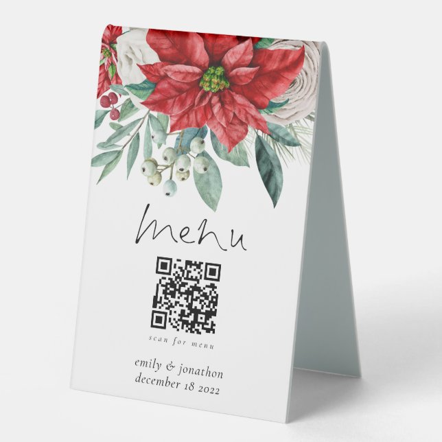 Plaque De Table Florales rouges d'hiver Poinsettia Menu Qr Code Ma (Recto)