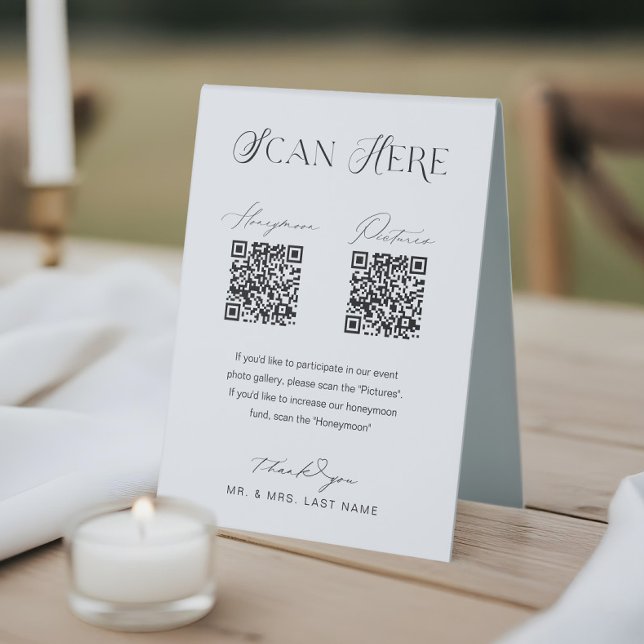 Plaque De Table Fonds de lune de miel et images QR Code Scan Maria (Honeymoon Fund & Pictures QR Code Scan Wedding Table Tent Sign)
