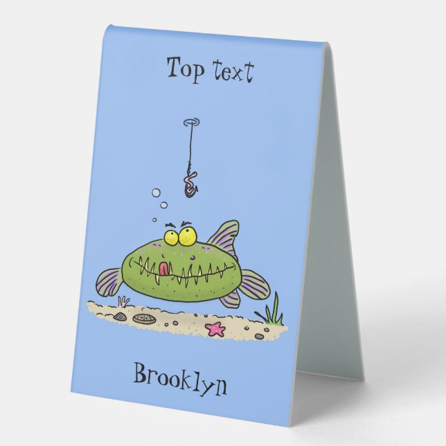 Plaque De Table Funny fat hungry green fish fishing cartoon (Recto)