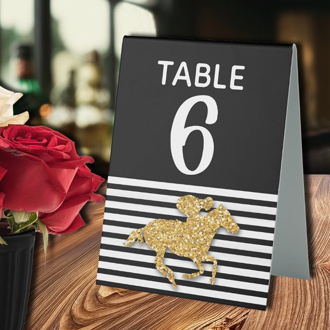Plaque De Table Gold Racehorse Black White Strips Numéro (Gold racehorse Derby-theme bridal shower table number tent-style tabletop  sign)