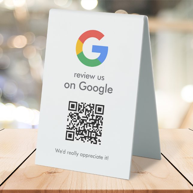 Plaque De Table Google Reviews Tabletop Sign | QR Code Pedestal (Google review QR code branded table tent signs for your business.)