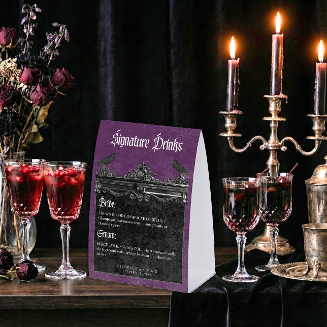 Plaque De Table Gothic Black Raven & Roses Purple Wedding Drinks (Gothic Black Raven & Roses Purple Wedding Drinks Paper Table Tent)