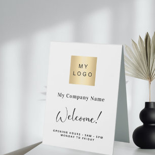 Plaque De Table Heures d'ouverture du logo commercial blanc