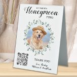 Plaque De Table Honeymoon Fund Eucalyptus QR Code Dog Pet Wedding<br><div class="desc">Let your best dog be in charge of your honeymoon with this custom pet photo honeymoon fund sign. Perfect for dog lovers, and a dog honeymoon fund will be a hit at your wedding. Simple modern white with eucalyptus leaves. "My Parents Honeymoon Fund" Customize this pet wedding honeymoon fund sign...</div>