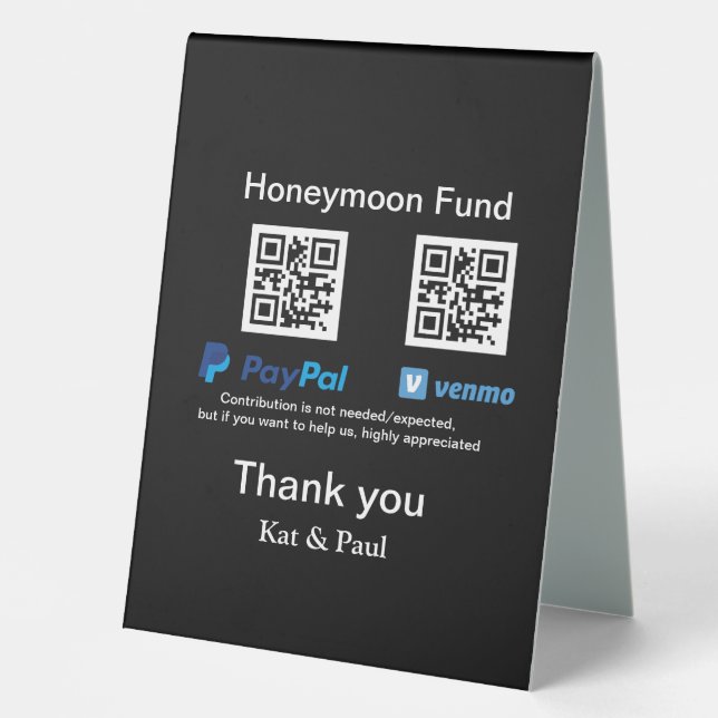 Plaque De Table Honeymoon Fund PayPal Venmo QR code Merci (Recto)
