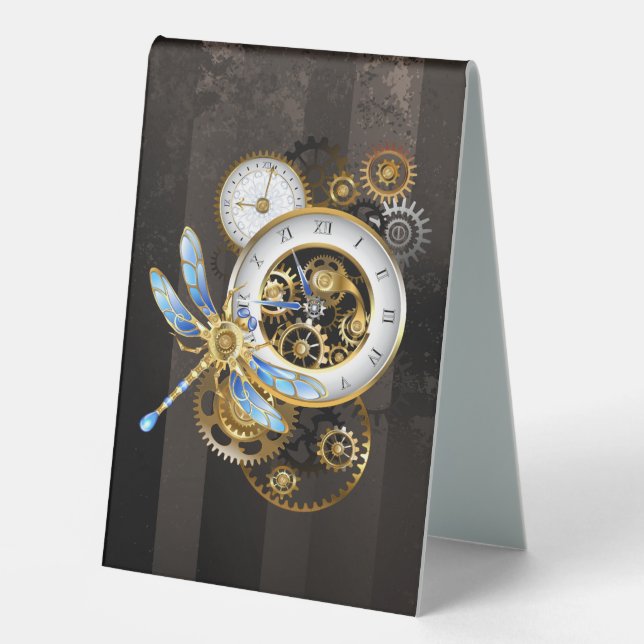 Plaque De Table Horloge à vapeur avec libellule mécanique (Recto)