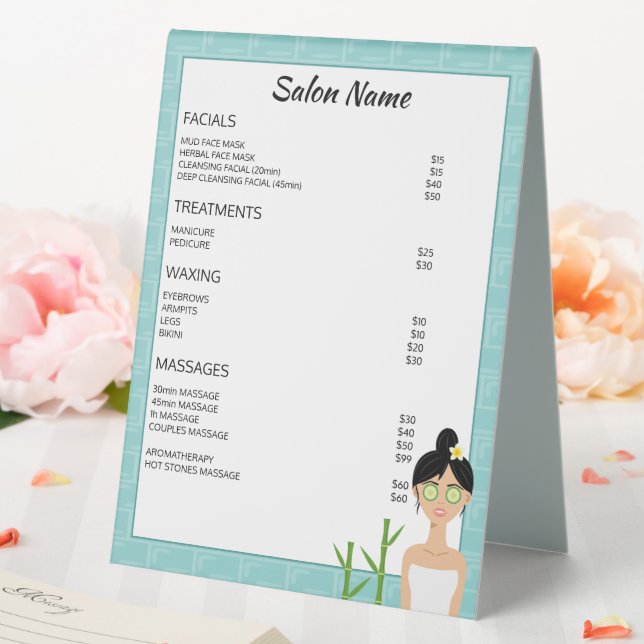 Plaque De Table Illustration de femme spa - Menu professionnel Spa (In SItu (Mariage))