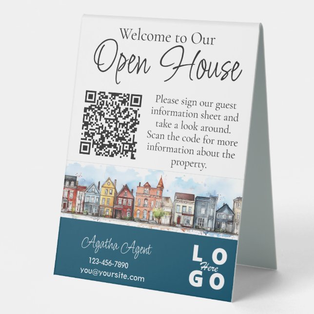 Plaque De Table Immobilier Open House Bleu double face (Recto)