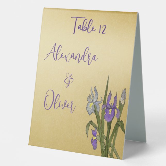 Plaque De Table Iris Violet & Bleu Aquarelle Mariage Or (Recto)