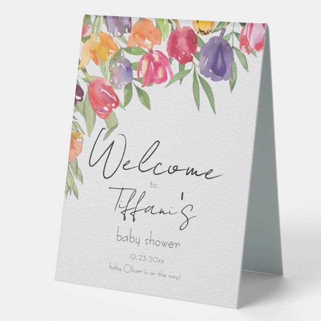 Plaque De Table Joyeuses fleurs tulipes et Baby shower verdoyant (Recto)