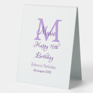 Plaque De Table Joyeux 16e anniversaire violet ajouter nom monogra