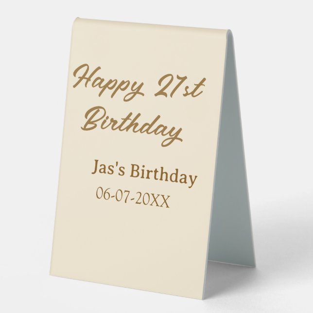 Plaque De Table Joyeux 21e anniversaire brun pastel jaune nom date (Recto)