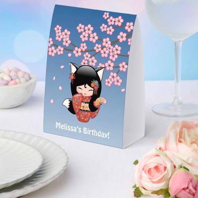 Plaque De Table Kitsune Kokeshi Doll Black Fox Geisha Blue (Insitu (mariage))