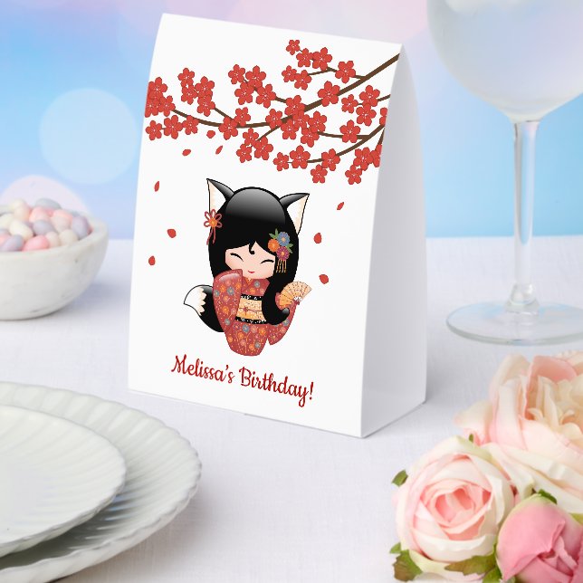 Plaque De Table Kitsune Kokeshi Doll Black Fox Geisha Red (Insitu (mariage))