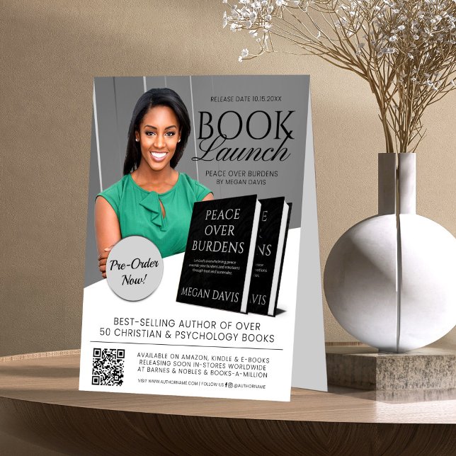 Plaque De Table Lancement de livre gris et blanc promotionnel (Créateur téléchargé)