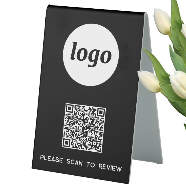Plaque De Table Lecteur de code QR Analyse d'entreprise pour révis (Simple logo with QR code and custom text business branding promotional scan to review sign)