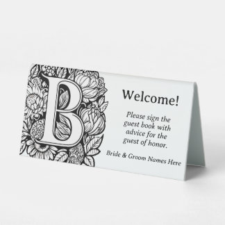 Plaque De Table Lettre B Mariage Floral noir et blanc