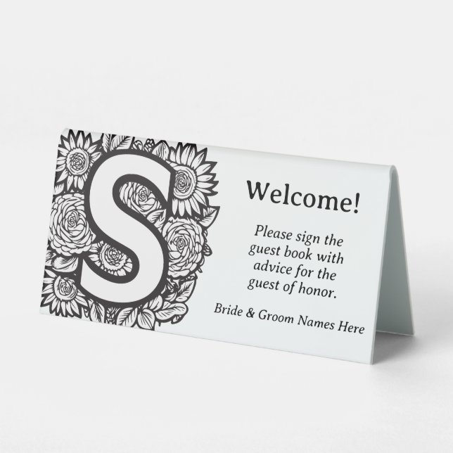 Plaque De Table Lettre S Mariage Floral noir et blanc