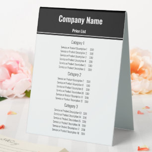 Plaque De Table Liste de prix d'entreprise Modèle noir et blanc