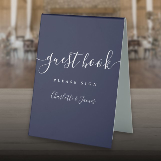 Plaque De Table Livre d'or de signature en écriture Navy Blue (Navy Blue Signature Script Guest Book Table Tent Sign)