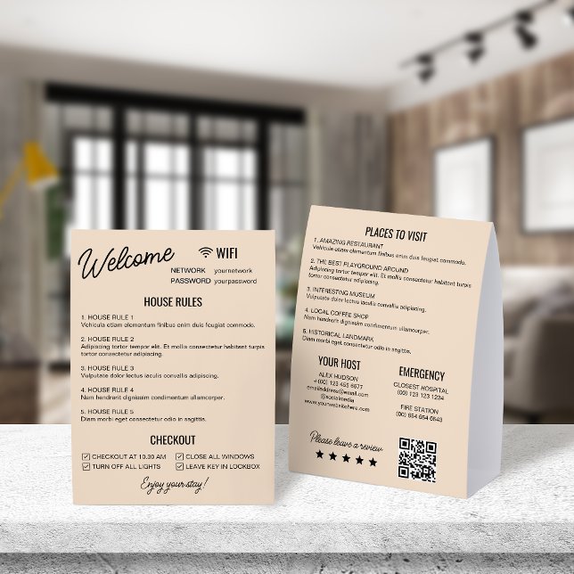 Plaque De Table Location de vacances Beige Noir Règles Wifi Inform (Créateur téléchargé)