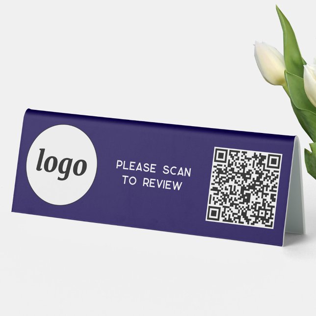 Plaque De Table Logo Code QR Entreprise Scannez pour évaluer Bleu  (Simple logo with QR code and custom text business branding promotional Scan to Review table tent)