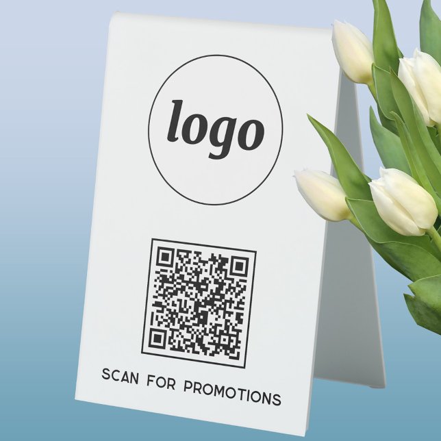 Plaque De Table Logo Code QR Entreprise Scannez pour les Promotion (Simple logo with custom text business branding promotional QR code table tent sign)