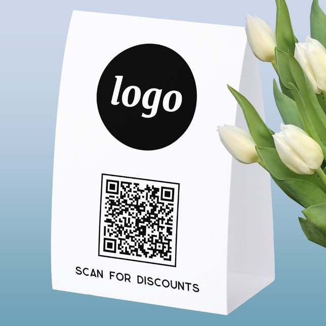 Plaque De Table Logo Code QR Entreprise Scannez pour Réductions (Simple logo with custom text business branding promotional QR code table tent sign)