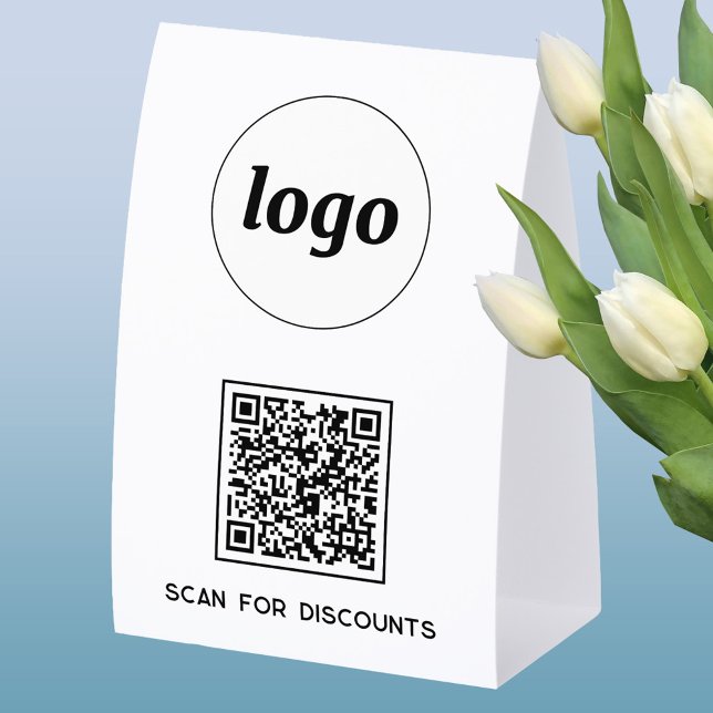 Plaque De Table Logo Code QR Entreprise Scannez pour Réductions (Simple logo with custom text business branding promotional QR code table tent sign)