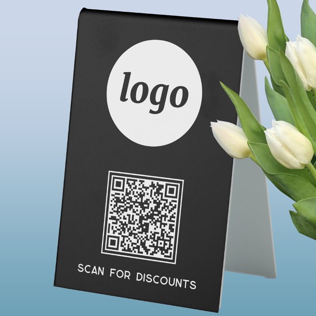 Plaque De Table Logo Code QR Entreprise Scannez pour Réductions No (Simple logo with custom text business branding promotional QR code table tent sign)