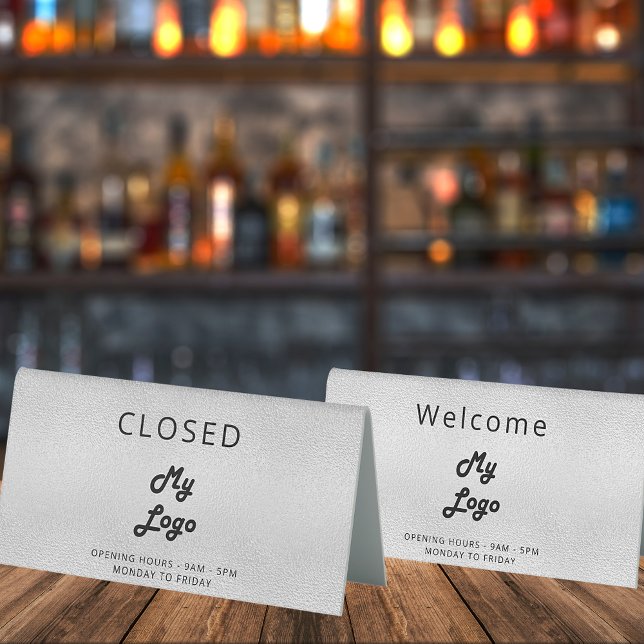 Plaque De Table Logo commerce argent métal ouvert bureau fermé (Créateur téléchargé)