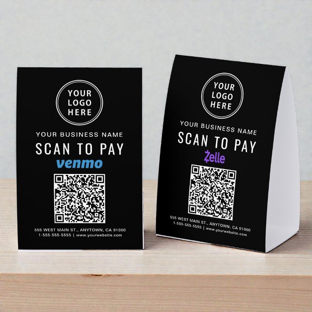 Plaque De Table Logo commercial Venmo Zelle Code QR Scan Paiement (Business Logo Venmo Zelle QR Code Scan To Pay Paper Table Tent)