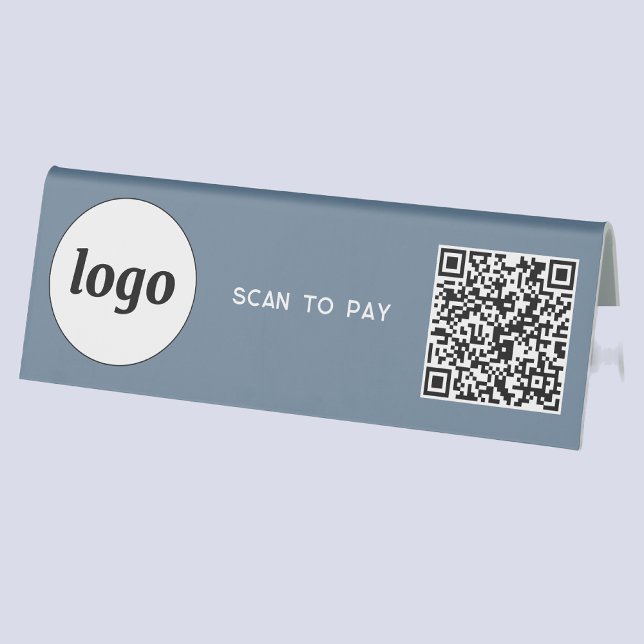 Plaque De Table Logo de code QR Analyse d'entreprise pour payer Du (Logo QR code scan to pay Dusty blue table tent sign for cafe restaurant shop store)