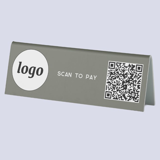 Plaque De Table Logo de code QR Analyse d'entreprise pour payer Sa (Simple logo QR code sage green scan to pay business branding tabletop sign for cafe restaurant store)