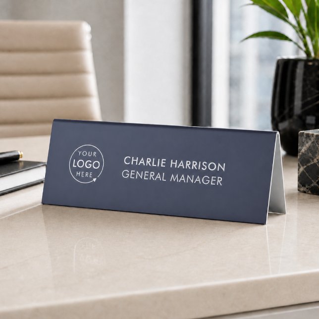 Plaque De Table Logo d'entreprise | Bureau de manager moderne bleu (Navy company branded nameplate table tent signs for small business employee desk & office signage.)
